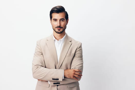 eyeglass man beard corporate smiling beige happy young fashion copyspace studio portrait business crossed office success businessman tie suit handsome person