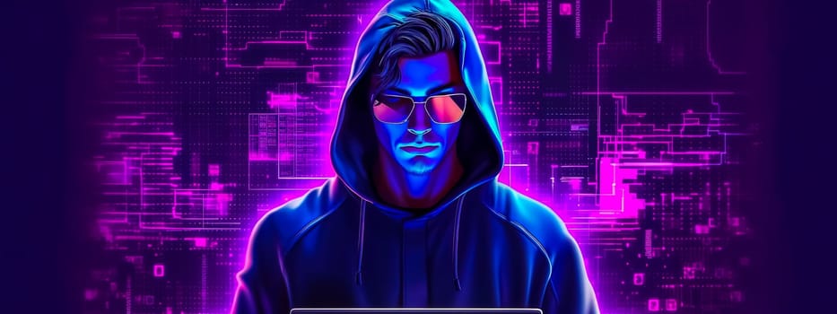 a hacker in a hooded sweatshirt and glasses, banner, made with Generative AI. High quality illustration