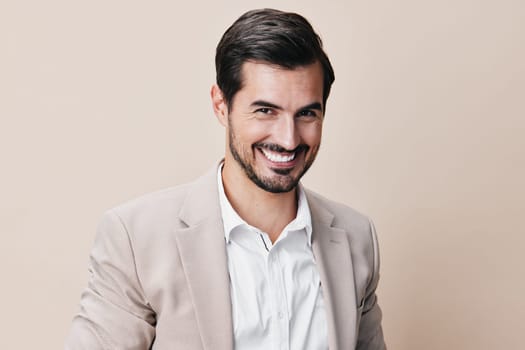 hand man isolated arm studio beard business job victory formal cheerful tie confident happy suit copyspace occupation background businessman beige winner