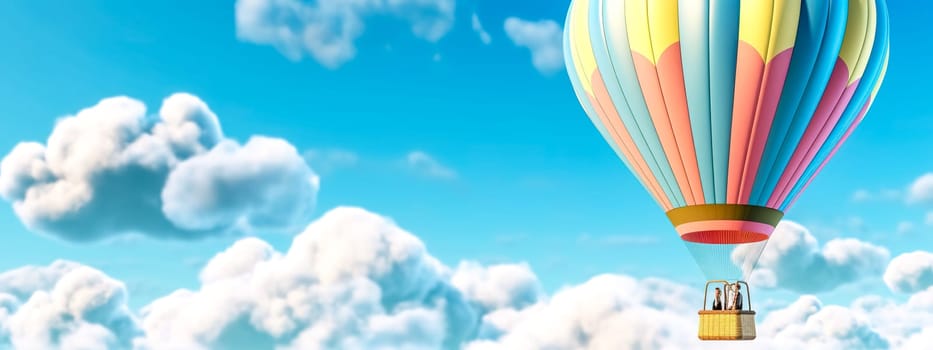 colorful hot air balloon in blue sky, banner with copy space, made with Generative AI. High quality illustration