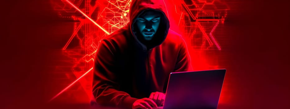 a hacker with a laptop connected to the Internet attacks websites, a banner with a red background, made with Generative AI. High quality illustration