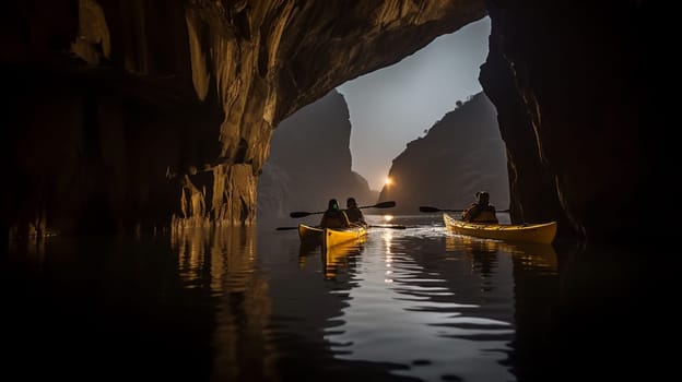 Silhouette of man kayaking on lake kayaks at night in the cave. Ai Generative.