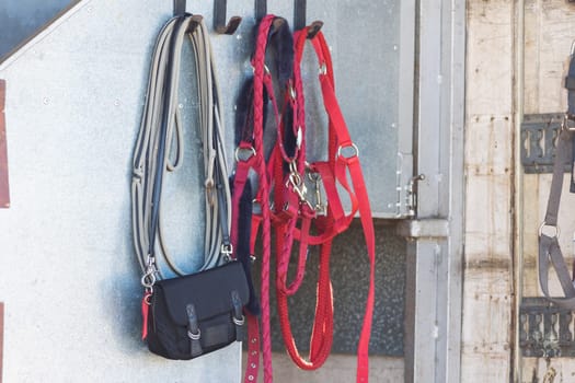 Equipment for saddling horses hanging at the wall. Mid shot