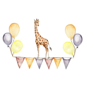 Watercolor hand painted cute giraffe with ballons. Illustration isolated on white background. Design for baby shower party, birthday, cake, holiday design, greetings card, invitation.