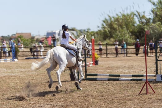 Equestrian sport - a little girl in uniform riding white horse at the ranch - jumping over the obsticles. Mid shot
