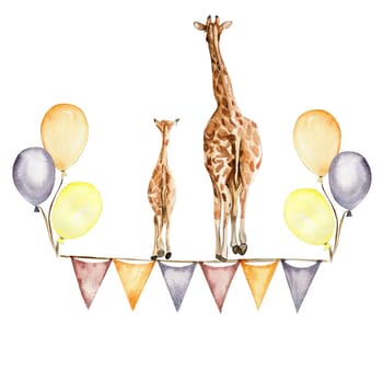 Watercolor hand painted cute giraffe with ballons. Illustration isolated on white background. Design for baby shower party, birthday, cake, holiday design, greetings card, invitation.