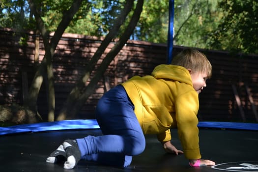 A boy on a trampoline in the garden. . High quality photo