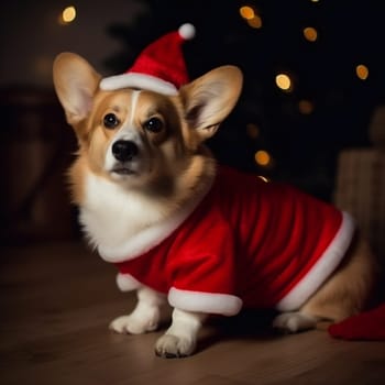 Welsh corgi pembroke sitting on the floor in Christmas costume and decorations in the background.