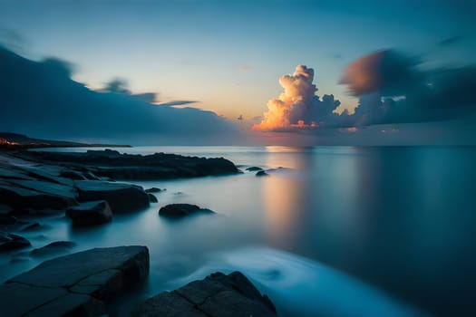 Moonlight in ocean landscape. The ocean stretches out as far as the eye can see, its surface a canvas of deep, midnight blue. AI generated image