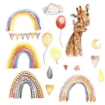 Watecolor hand drawn giraffe illustration and rainbow, Cartoon tropical animal , exotic summer jungle design. Design for baby shower party, birthday, cake, holiday design, greetings card, invitation.