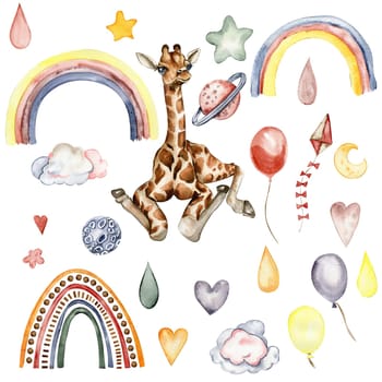 Watecolor hand drawn giraffe illustration and rainbow, Cartoon tropical animal , exotic summer jungle design. Design for baby shower party, birthday, cake, holiday design, greetings card, invitation.