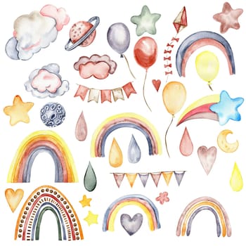 Watercolor hand painted cute rainbow. Illustration isolated on white background. Design for baby shower party, birthday, cake, holiday design, greetings card, invitation.