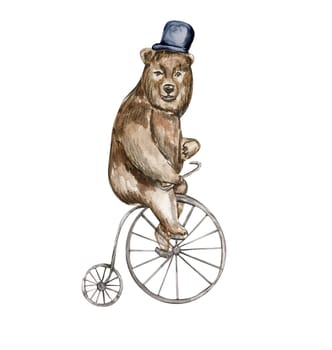 Watercolor hand drawn circus bear on the bicycle vintage style. Perfect for wedding, invitations, blogs, card templates, birthday and baby cards, patterns, quotes. isolater on white background.