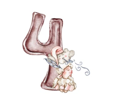 Watercolor hand drawn numbers and fluffu sheep composition. Illustration of a numbers. Perfect for scrapbooking, kids design, wedding invitation, posters, greetings cards, party decoration.