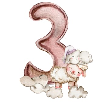 Watercolor hand drawn numbers and fluffu sheep composition. Illustration of a numbers. Perfect for scrapbooking, kids design, wedding invitation, posters, greetings cards, party decoration.