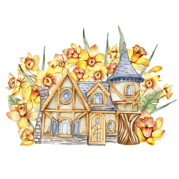 Watercolor composition with yellow narcissus and castel in cartoon style. Hand drawn illustration of summer. Perfect for scrapbooking, kids design, wedding invitation, posters, greetings cards.