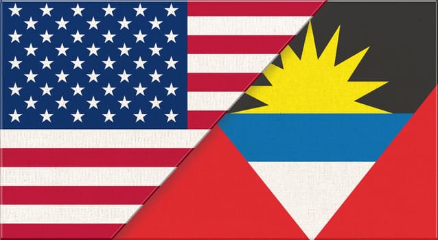 Flags of USA and Antigua and Barbuda. American and Antigua and Barbuda national flags on fabric surface. Flag of USA and Antigua and Barbuda - 3D illustration. Two Flag Together - Fabric Texture