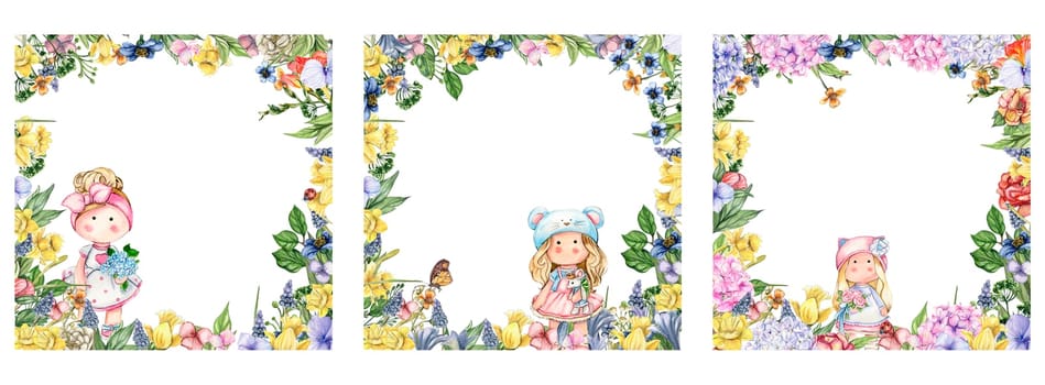 Watercolor square flower frame set in cartoon style with a cute girl doll in a dress.Cartoon hand drawn background with flower princess for kids design. Perfect for wedding invitation.