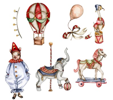 Watercolor circus set of elements in vintage style. Perfect for wedding, invitations, blogs,card templates, birthday and baby cards, patterns, quotes. isolater on white background.Cute circus animals.