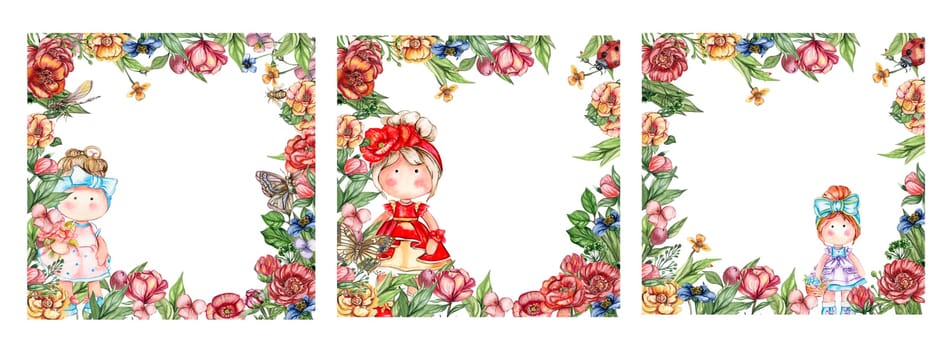 Watercolor square flower frame set in cartoon style with a cute girl doll in a dress.Cartoon hand drawn background with flower princess for kids design. Perfect for wedding invitation.