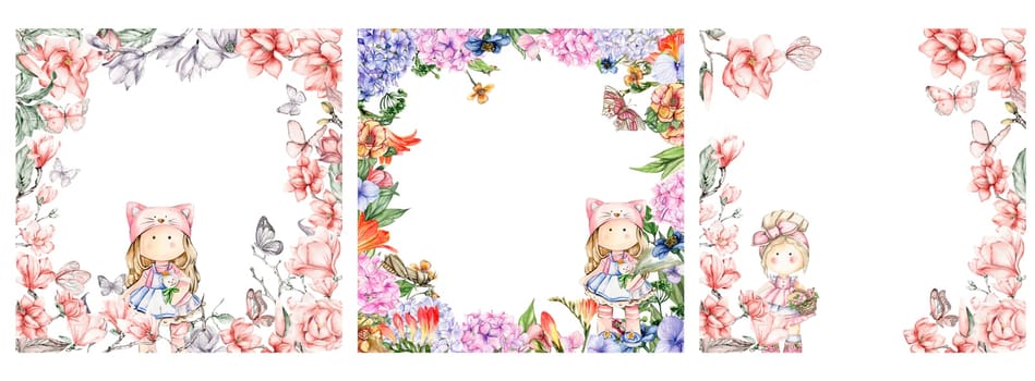 Watercolor square flower frame set in cartoon style with a cute girl doll in a dress.Cartoon hand drawn background with flower princess for kids design. Perfect for wedding invitation.