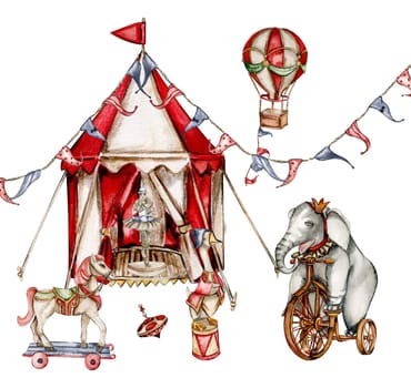 Watercolor circus composition in vintage style. Perfect for wedding, invitations, blogs, card templates, birthday and baby cards, patterns, quotes. isolater on white background.Cute circus animals.