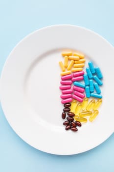 Food supplements-capsules of bright color lie on a white plate in a heap. Concept of medicine and health