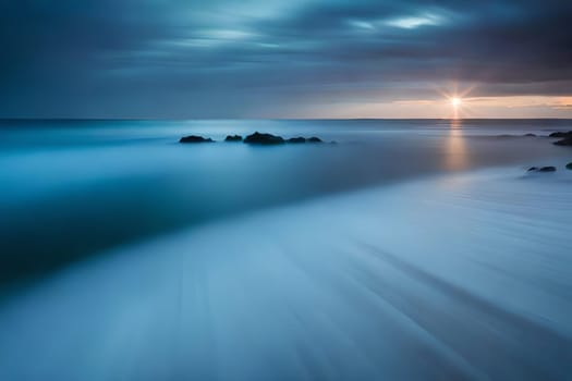 Moonlight in ocean landscape. The ocean stretches out as far as the eye can see, its surface a canvas of deep, midnight blue. AI generated image