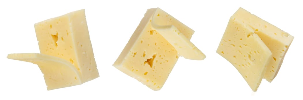 A set of large pieces of cheese with a cut slice on a white background. Cheese for pizza. Sliced piece of cheese on a white background close-up. Insert into a design or project