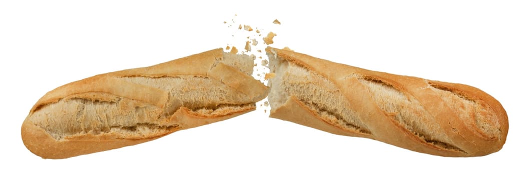 Loaf of long white bread isolated on white background. A loaf of crispy French baguette broken in half, crumbs flying in different directions. To be inserted into a design or project