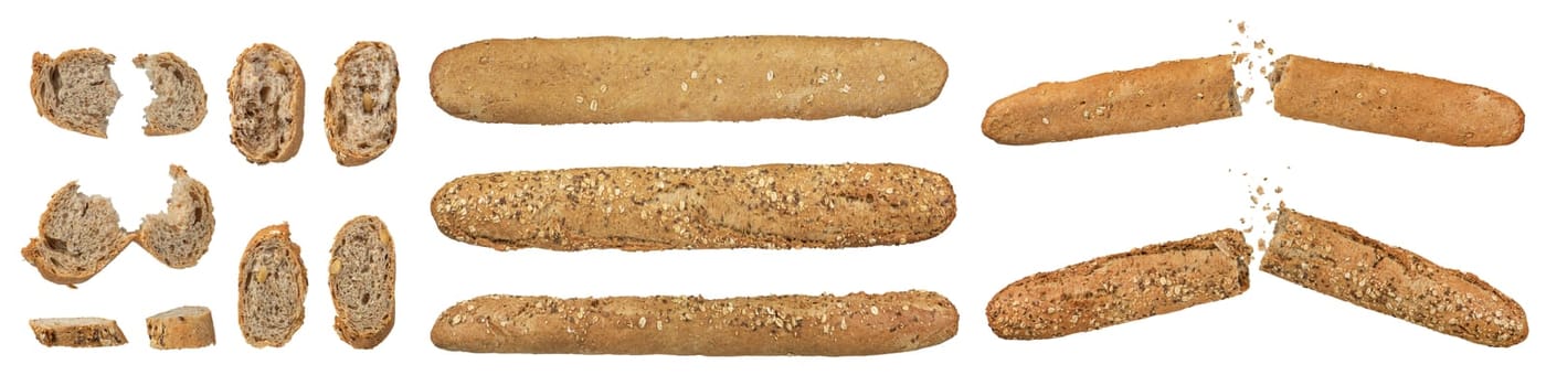 Set of rye whole grain french baguettes, long bread, isolate. A set crispy rye baguettes, cut into slices, broken in half, from different sides on a white isolated background. Side view, from below