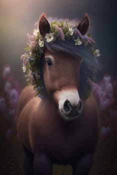 a beautiful brown horse, in a floral wreath on his head, stand in nature. Ai generative. Copy space