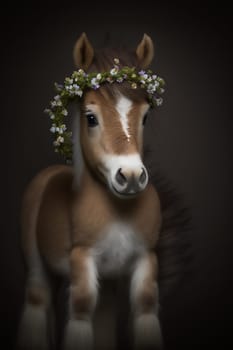 Cute little brown horse, with white mane in a floral wreath on his head, on a dark background in nature. Ai generative. Copy space
