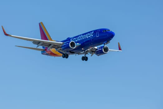 Boise, Idaho - May 23, 2022: Southwest flight landing at Boise Airport