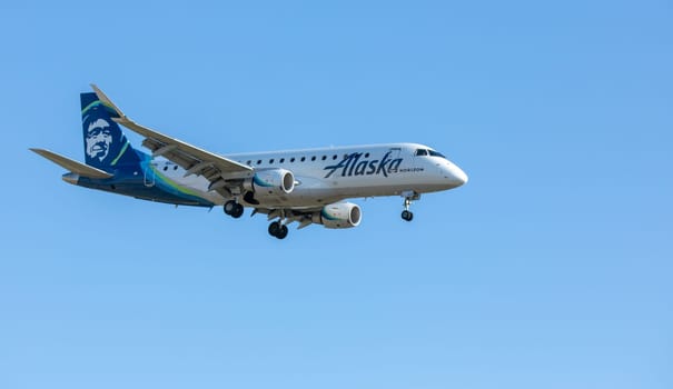Boise, Idaho - May 23, 2022: Horizon flying as Alaskan airlines flight landing at Boise Airport in Idaho