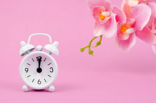 White alarm clock and pink streaked orchid flower on sweet background.