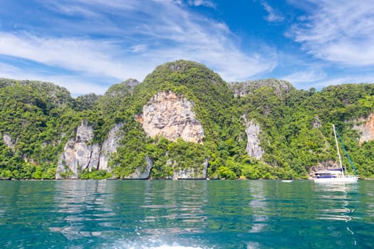 Beautiful mountains in Ratchaprapha Dam at Khao Sok National Park, Surat Thani Province, Thailand.