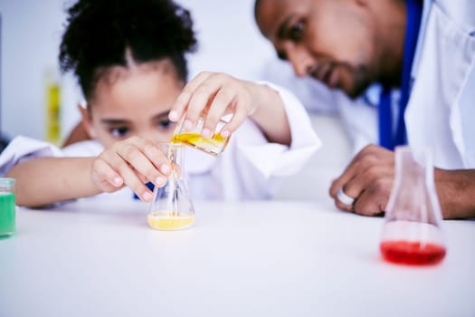 Science, experiment and child doing a project in a lab in physics or chemistry class in school. Knowledge, education and girl kid student working on a scientific analysis with glass beaker and liquid.