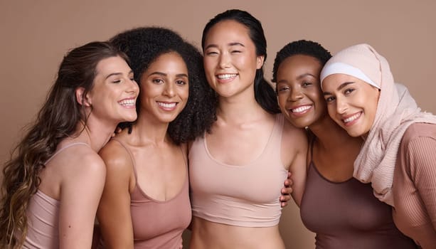 Face portrait, beauty and diversity of women in studio isolated on a brown background. Makeup, cosmetics and group of different female models posing together for self love, inclusion and empowerment