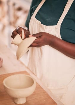 Art, pottery and black woman hands in creative workshop with ceramics, sculpting and creativity with clay pot zoom. Artist, handmade craft and manufacturing, artistic process with texture and skill.