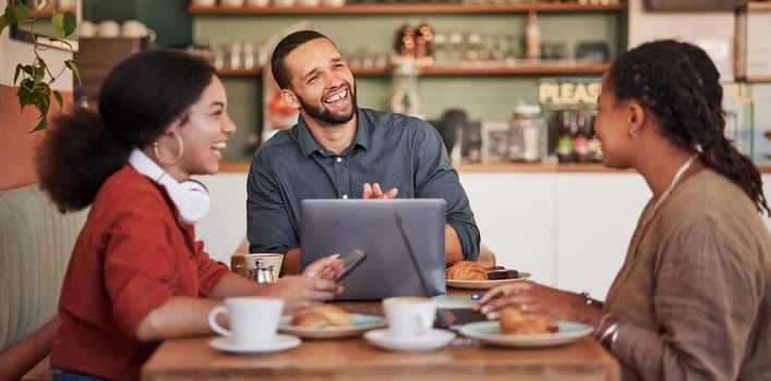 Team, remote working and brainstorming in cafe, talking and planning for group project, strategy and happiness. Staff, leader and teamwork in coffee shop, laptop for online schedule and connection.