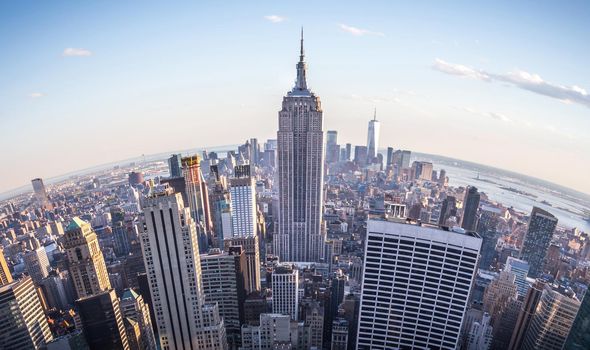 New York City skyline panorama at sunset. Fisheye lens effect