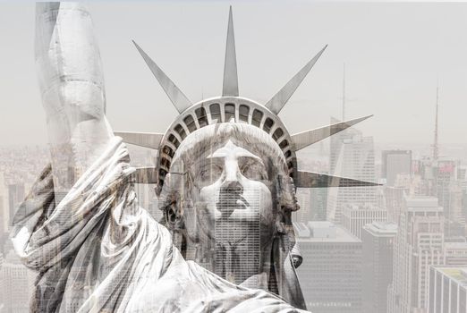 Double exposure new york city cityscape skyline with statue of liberty