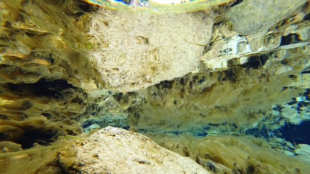 An incredible underwater world of a mountain river. Crystal clear clear water. Yellow rocks and green-brown algae. The rays of light are refracted into a blue color in the distance. An unusual world