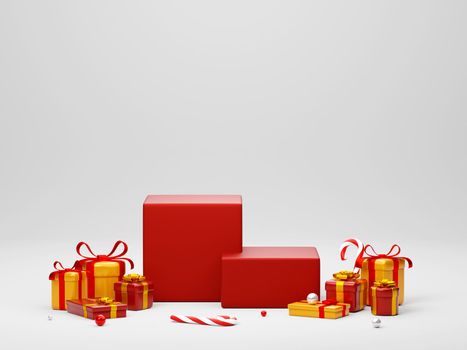 Christmas geometric podium with Christmas gift box and decoration on white background, 3d illustration