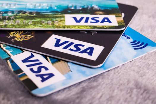 BELARUS, NOVOPOLOTSK - 26 DECEMBER, 2020: Visa cards close up