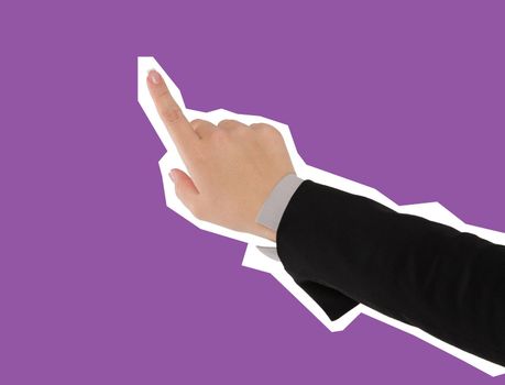 Business woman pointing at copyspace, isolated magazine style