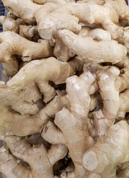 Fresh organic ginger on the fresh food market, vertical background.