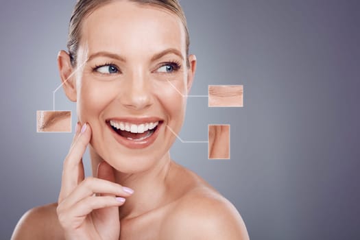 Woman, face and closeup of wrinkles, texture or anti aging facial treatment against a gray studio background. Female with smile for skincare zoom, icons or graphic in detail cosmetics or dermatology.
