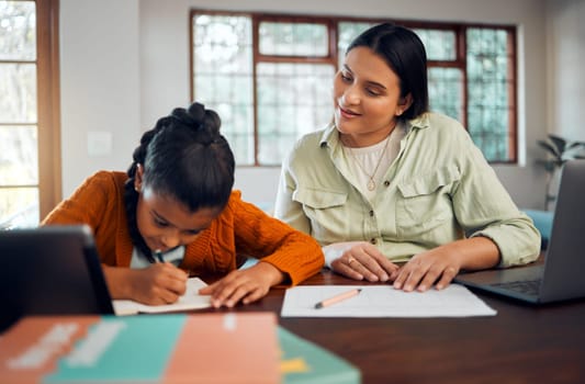 Child, homework and learning with mother while writing in notebook for virtual education class at table at home with support, care and supervision. Woman helping girl with school work in house.